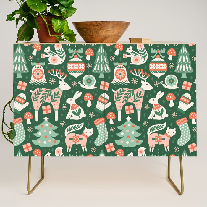 Festive Folk Art Forest Animals - Green and Red Credenza Gallery Image 1