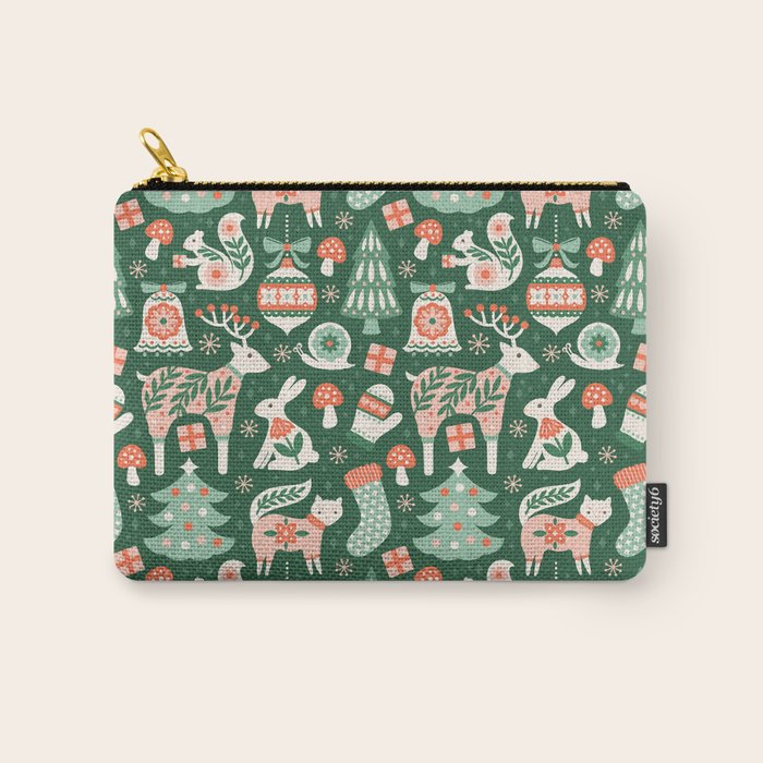 Festive Folk Art Forest Animals - Green and Red Carry All Pouch Gallery Image 1