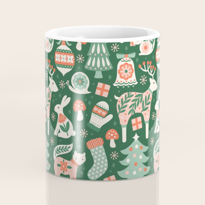 Festive Folk Art Forest Animals - Green and Red Coffee Mug Gallery Image 4
