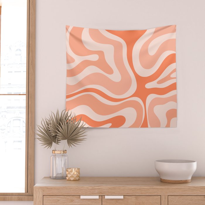 Modern Retro Liquid Swirl Abstract Pattern Salmon Orange Peach Blush Wall Tapestry Gallery Image 2
