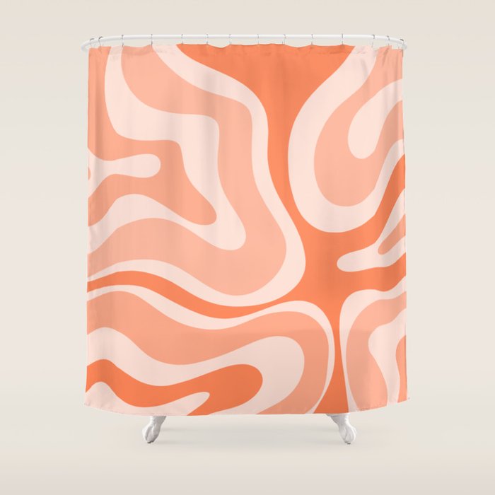 Modern Retro Liquid Swirl Abstract Pattern Salmon Orange Peach Blush Shower Curtain Gallery Image 1