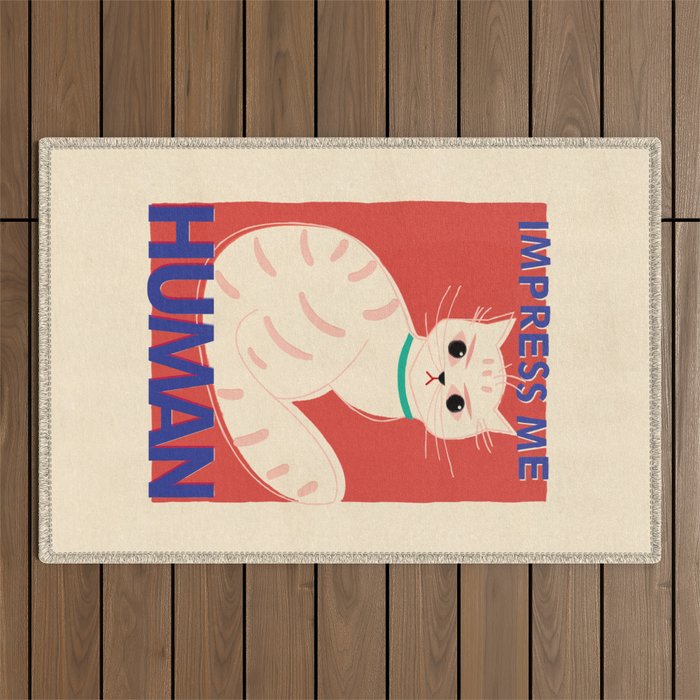 Impress Me Human Vintage Cat, Retro Illustration Outdoor Rug Gallery Image 1