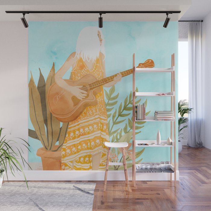 Music Soothes My Soul | Urban Hippie Bohemian Woman Playing the Guitar | Plant Lady Painting Wall Mural Gallery Image 1