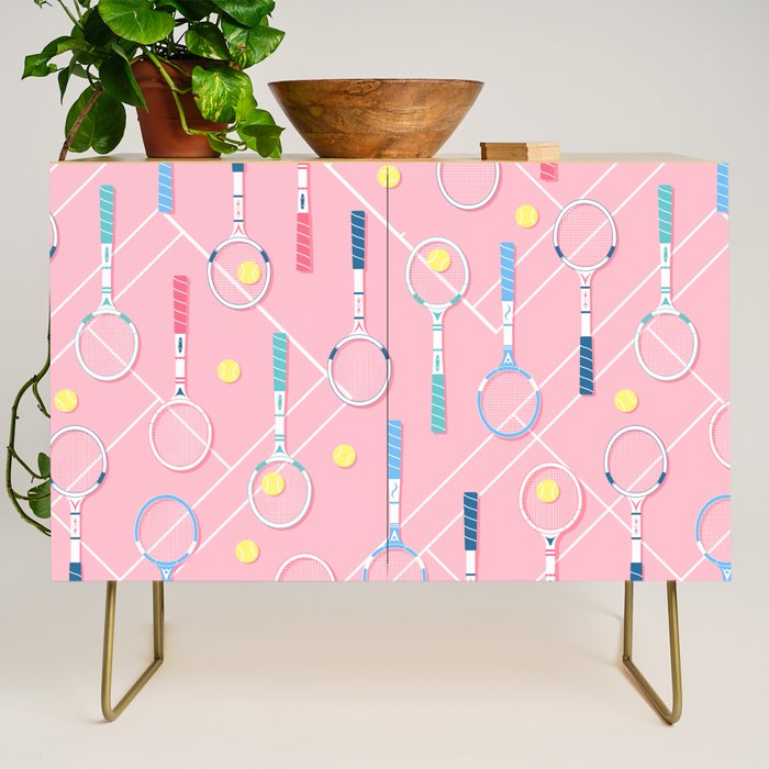 Collection of Retro Tennis Racquets on Pink Credenza Gallery Image 1