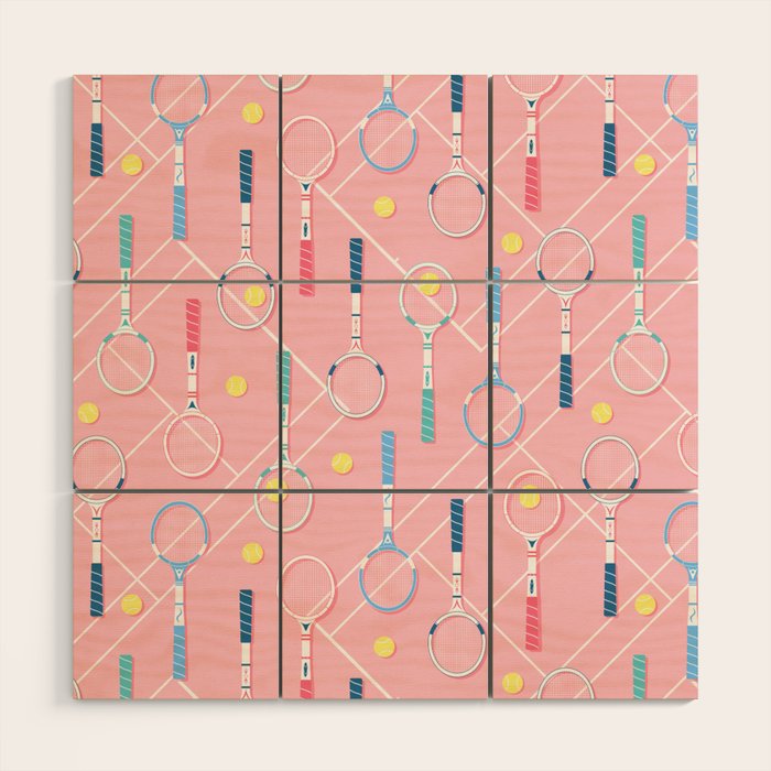 Collection of Retro Tennis Racquets on Pink Wood Wall Art Gallery Image 1