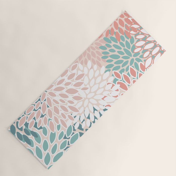 Festive, Floral Prints, Teal, Peach, Coral Yoga Mat Gallery Image 1