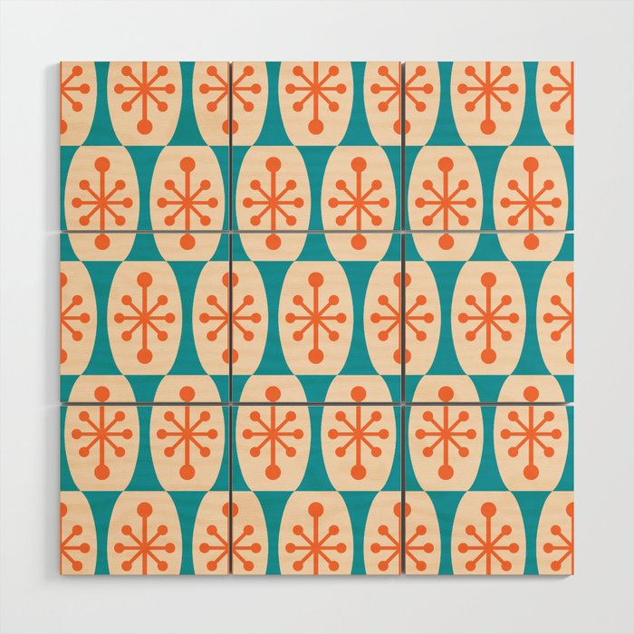 Mid Century Modern Atomic Fusion Pattern 211 Googie Orange and Turquoise Wood Wall Art Gallery Image 1