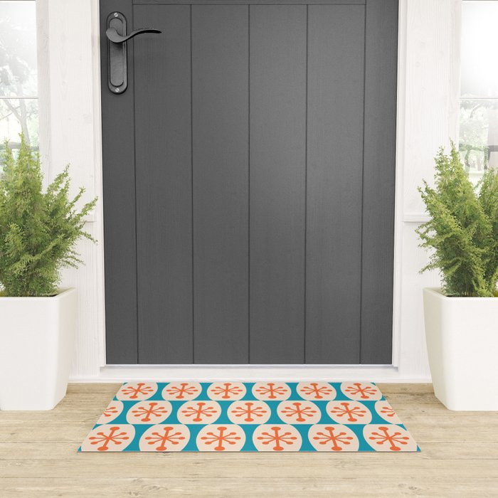 Mid Century Modern Atomic Fusion Pattern 211 Googie Orange and Turquoise Welcome Mat Gallery Image 3
