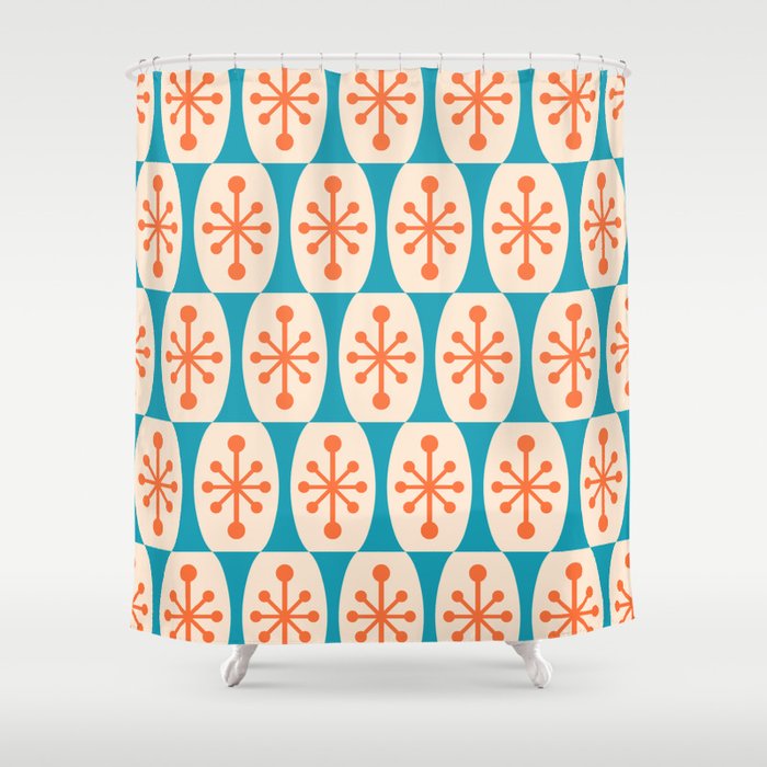 Mid Century Modern Atomic Fusion Pattern 211 Googie Orange and Turquoise Shower Curtain Gallery Image 1