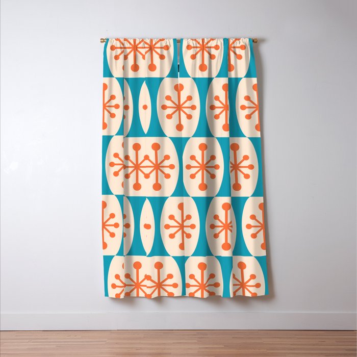 Mid Century Modern Atomic Fusion Pattern 211 Googie Orange and Turquoise Window Curtain Gallery Image 3