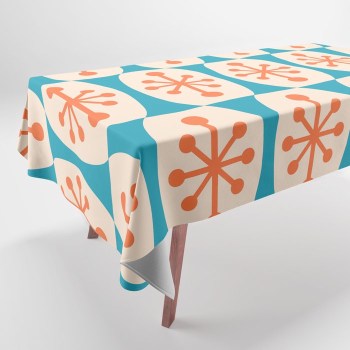 Mid Century Modern Atomic Fusion Pattern 211 Googie Orange and Turquoise Tablecloth Gallery Image 1