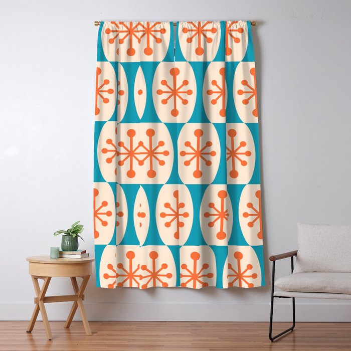 Mid Century Modern Atomic Fusion Pattern 211 Googie Orange and Turquoise Window Curtain Gallery Image 1