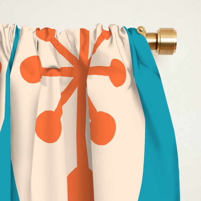 Mid Century Modern Atomic Fusion Pattern 211 Googie Orange and Turquoise Window Curtain Gallery Image 2