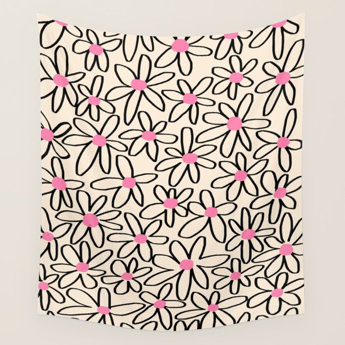 Joyful Flower Lines - b/w pink Wall Tapestry Gallery Image 1