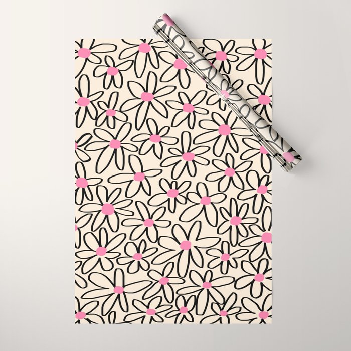 Joyful Flower Lines - b/w pink Wrapping Paper Gallery Image 1