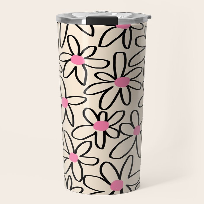 Joyful Flower Lines - b/w pink Travel Mug Gallery Image 1