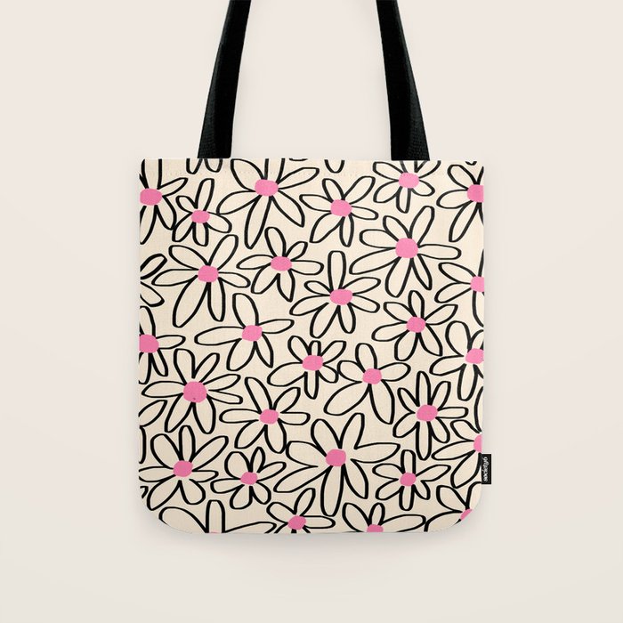 Joyful Flower Lines - b/w pink Tote Bag Gallery Image 1