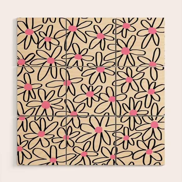 Joyful Flower Lines - b/w pink Wood Wall Art Gallery Image 1