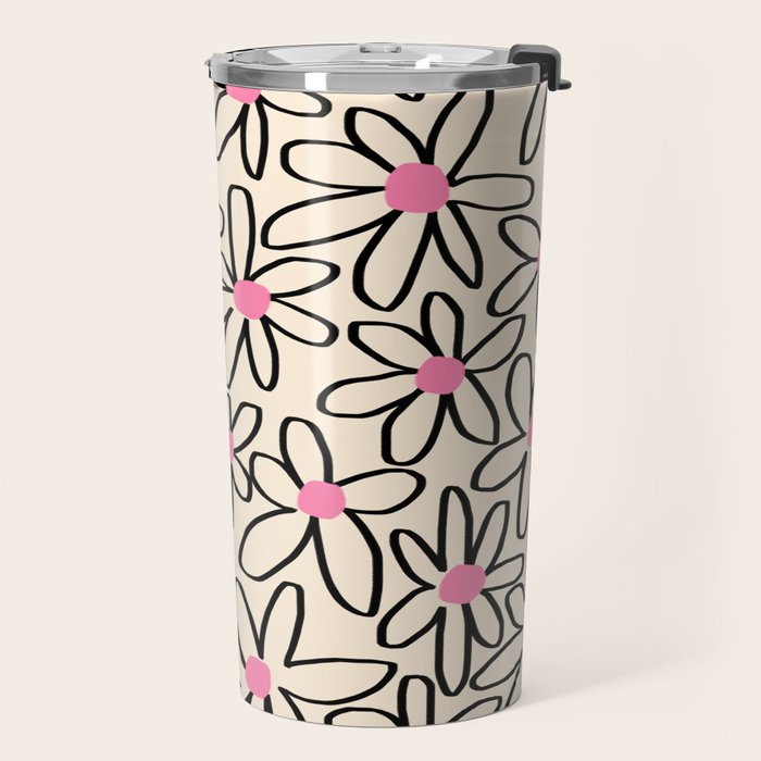 Joyful Flower Lines - b/w pink Travel Mug Gallery Image 2