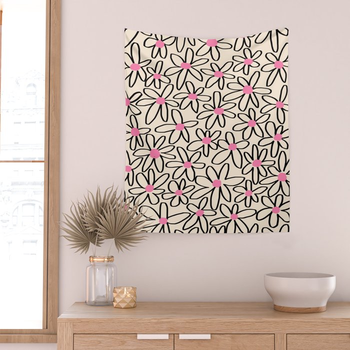 Joyful Flower Lines - b/w pink Wall Tapestry Gallery Image 2