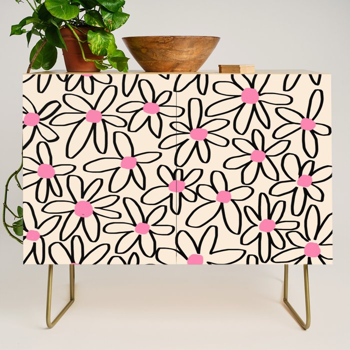 Joyful Flower Lines - b/w pink Credenza Gallery Image 1