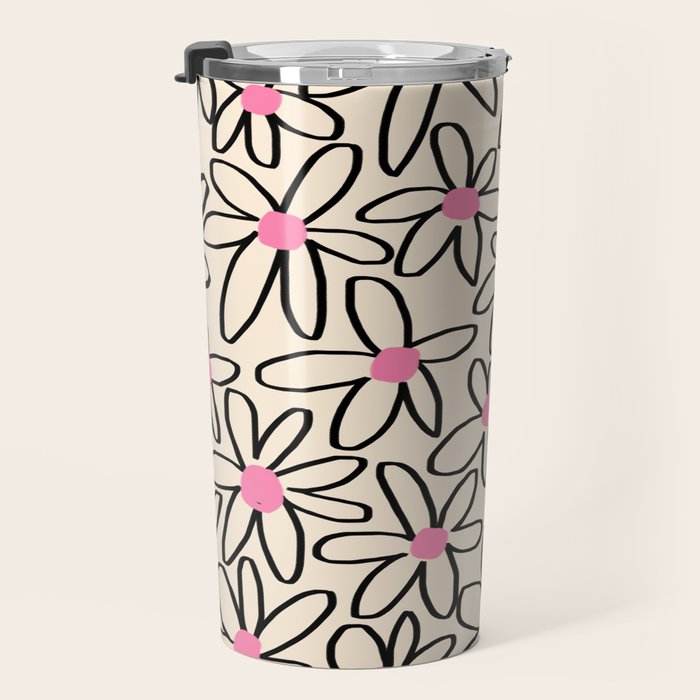 Joyful Flower Lines - b/w pink Travel Mug Gallery Image 3