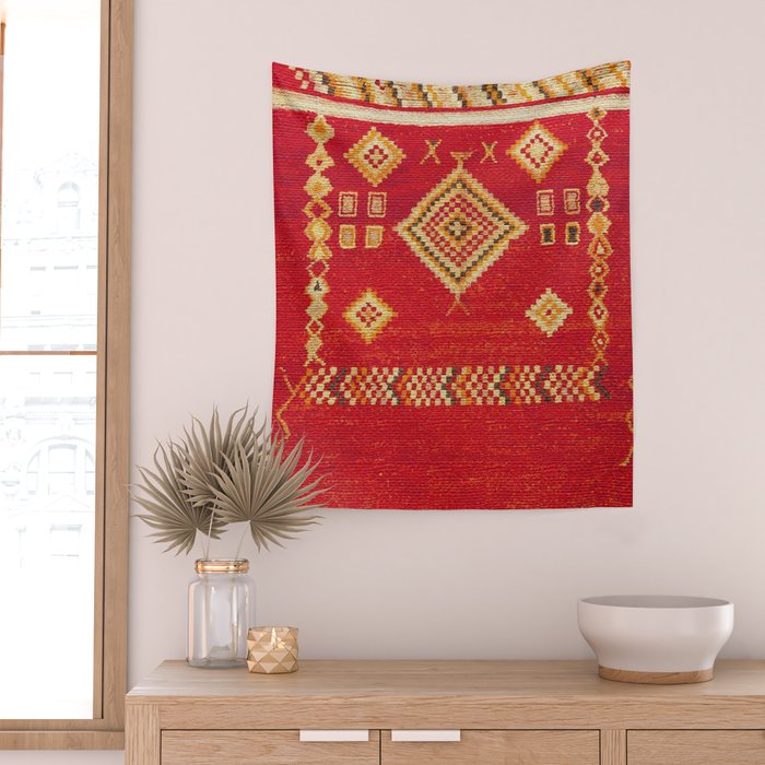 Red Gold Geometric Antique Moroccan Rug Print Wall Tapestry Gallery Image 2