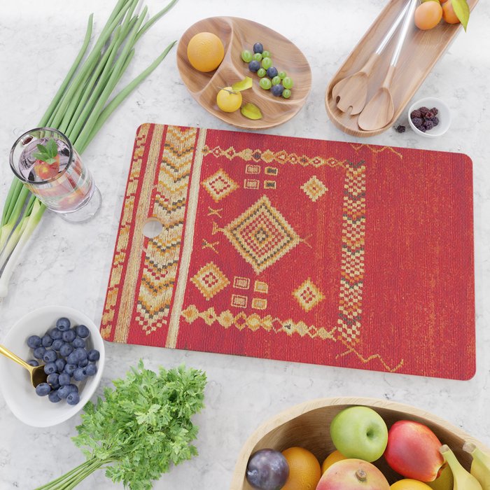 Red Gold Geometric Antique Moroccan Rug Print Cutting Board Gallery Image 2