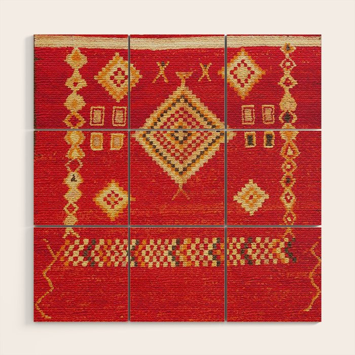 Red Gold Geometric Antique Moroccan Rug Print Wood Wall Art Gallery Image 1