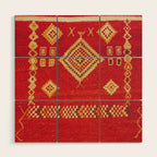 Red Gold Geometric Antique Moroccan Rug Print Wood Wall Art Gallery Image 1