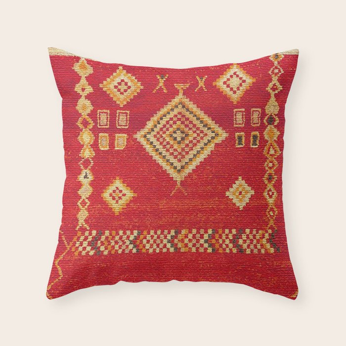 Red Gold Geometric Antique Moroccan Rug Print Throw Pillow Gallery Image 6