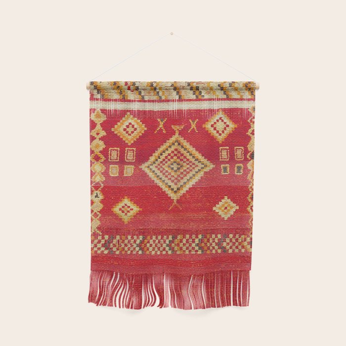 Red Gold Geometric Antique Moroccan Rug Print Wall Hanging Gallery Image 1