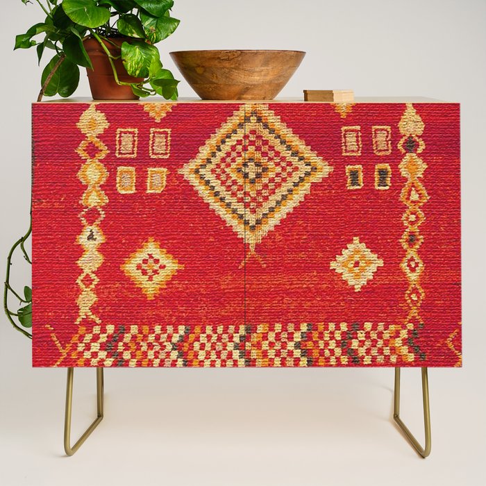 Red Gold Geometric Antique Moroccan Rug Print Credenza Gallery Image 1
