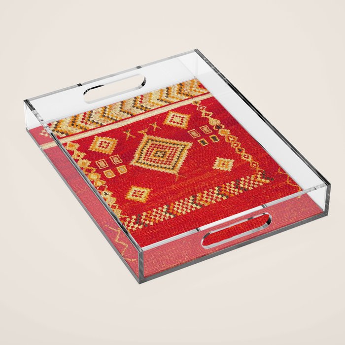 Red Gold Geometric Antique Moroccan Rug Print Acrylic Tray Gallery Image 1