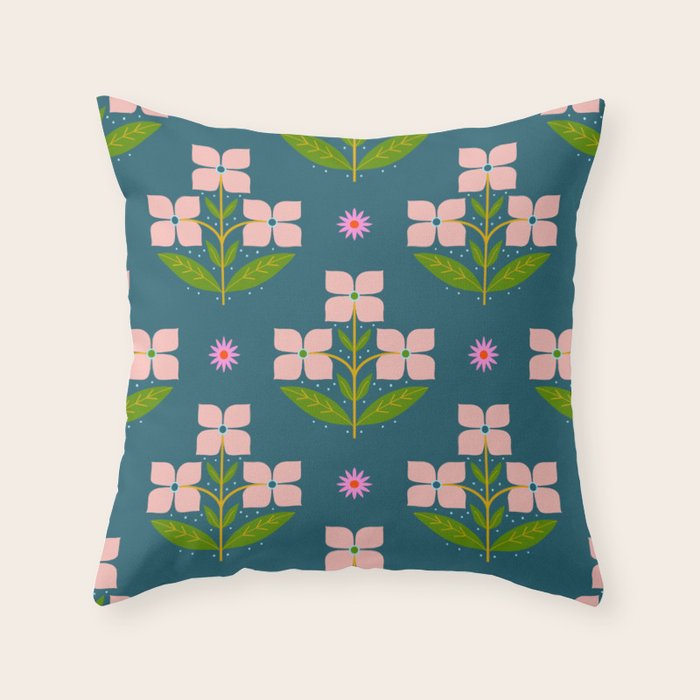 Retro Pink Floral Bunches - Green Pattern Throw Pillow Gallery Image 1