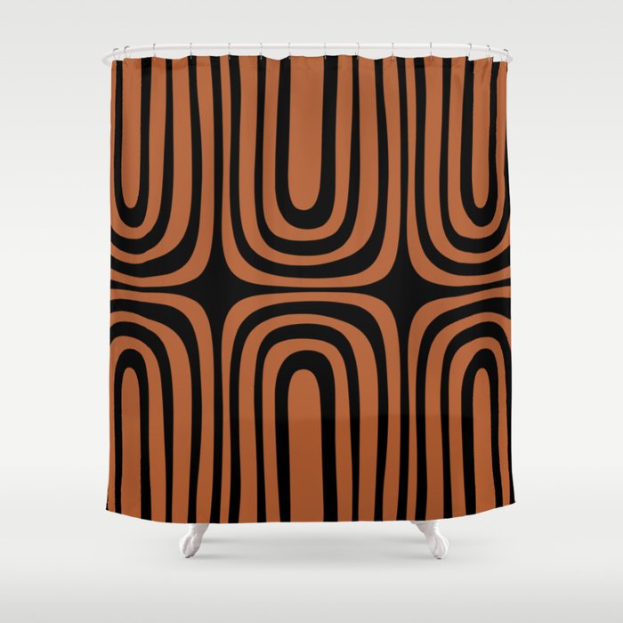 Midcentury Modern Rust and Black Confaab Abstract Pattern Shower Curtain Gallery Image 1