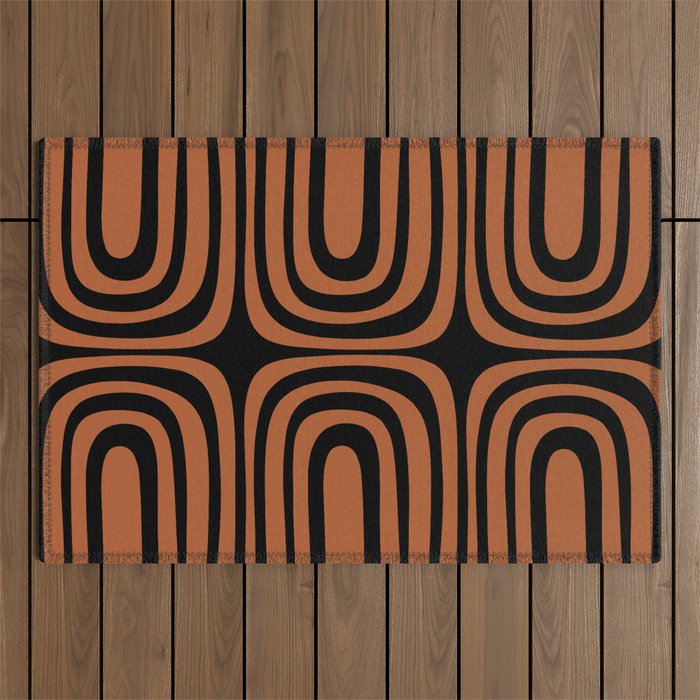 Midcentury Modern Rust and Black Confaab Abstract Pattern Outdoor Rug Gallery Image 1