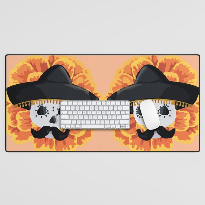 Charro mexican kawaii cute sugar skull mexican style cempasúchil mustache mexican sombrero skeleton  Desk Mat Gallery Image 1
