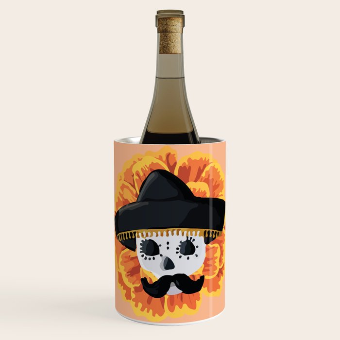 Charro mexican kawaii cute sugar skull mexican style cempasúchil mustache mexican sombrero skeleton  Wine Chiller Gallery Image 3
