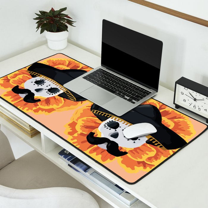 Charro mexican kawaii cute sugar skull mexican style cempasúchil mustache mexican sombrero skeleton  Desk Mat Gallery Image 2