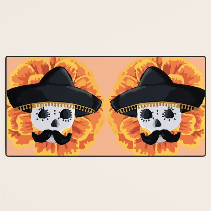 Charro mexican kawaii cute sugar skull mexican style cempasúchil mustache mexican sombrero skeleton  Desk Mat Gallery Image 3