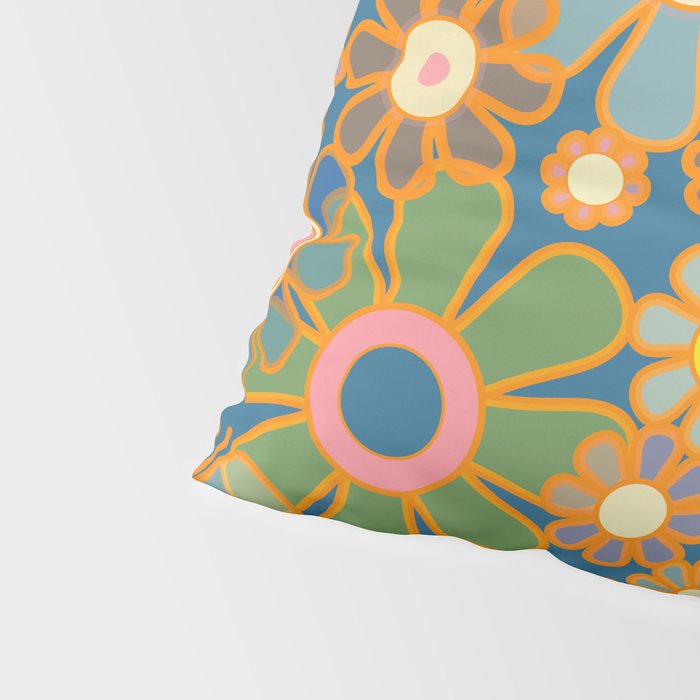 Retro Garden Flowers Vintage 60s 70s Aesthetic Blue Floral Pattern Pillow Sham Gallery Image 4