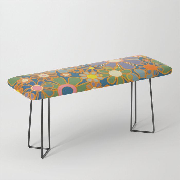 Retro Garden Flowers Vintage 60s 70s Aesthetic Blue Floral Pattern Bench Gallery Image 1