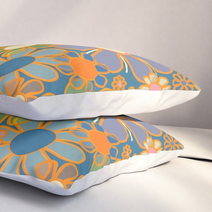 Retro Garden Flowers Vintage 60s 70s Aesthetic Blue Floral Pattern Pillow Sham Gallery Image 3