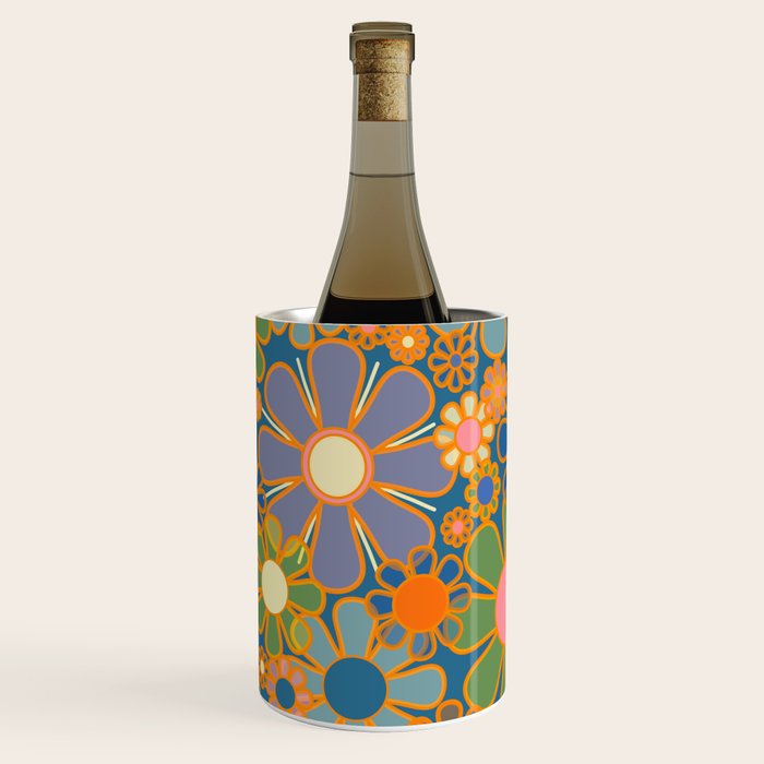 Retro Garden Flowers Vintage 60s 70s Aesthetic Blue Floral Pattern Wine Chiller Gallery Image 3
