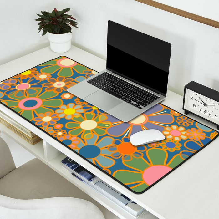 Retro Garden Flowers Vintage 60s 70s Aesthetic Blue Floral Pattern Desk Mat Gallery Image 2