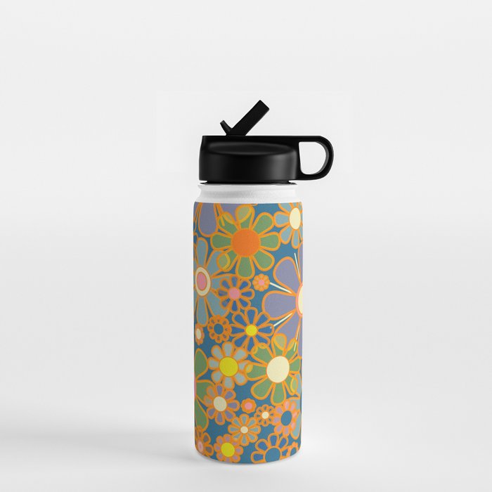 Retro Garden Flowers Vintage 60s 70s Aesthetic Blue Floral Pattern Water Bottle Gallery Image 1
