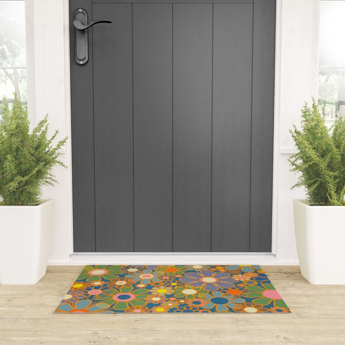 Retro Garden Flowers Vintage 60s 70s Aesthetic Blue Floral Pattern Welcome Mat Gallery Image 3