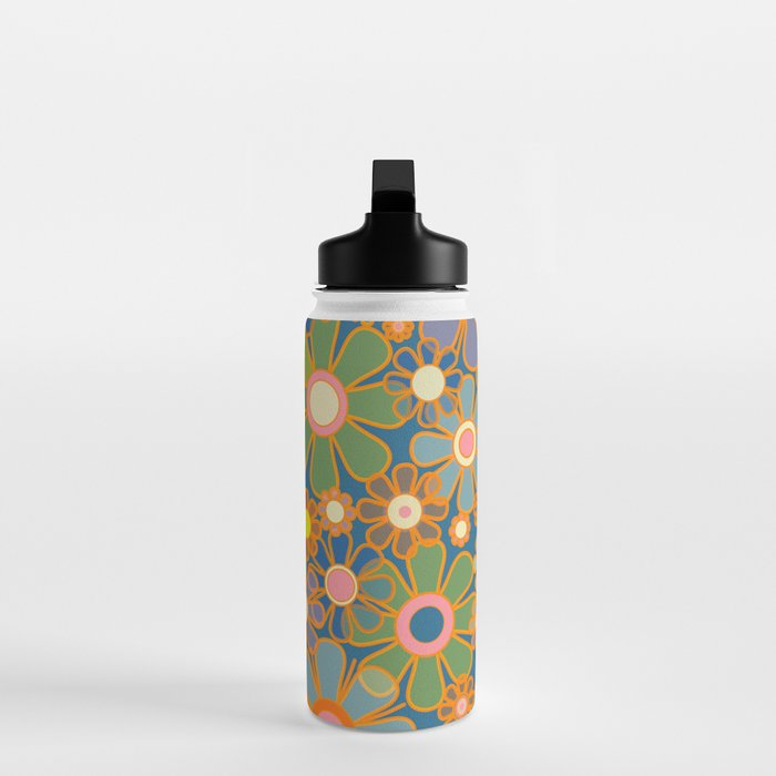 Retro Garden Flowers Vintage 60s 70s Aesthetic Blue Floral Pattern Water Bottle Gallery Image 3