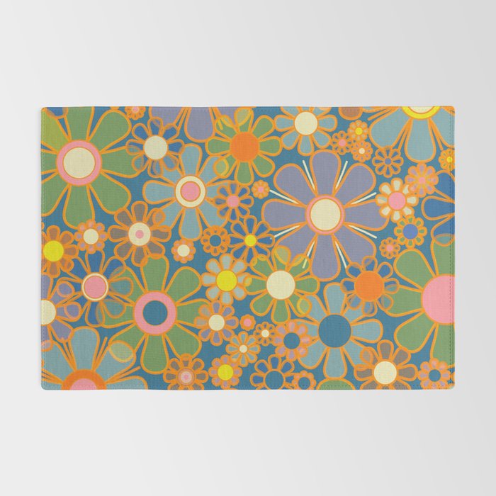 Retro Garden Flowers Vintage 60s 70s Aesthetic Blue Floral Pattern Rug Gallery Image 2